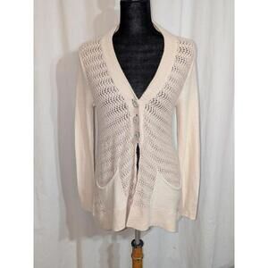 Free People Pastel Pink Metallic Sparkly Crochet Wool Blend Cardigan Sweater SP